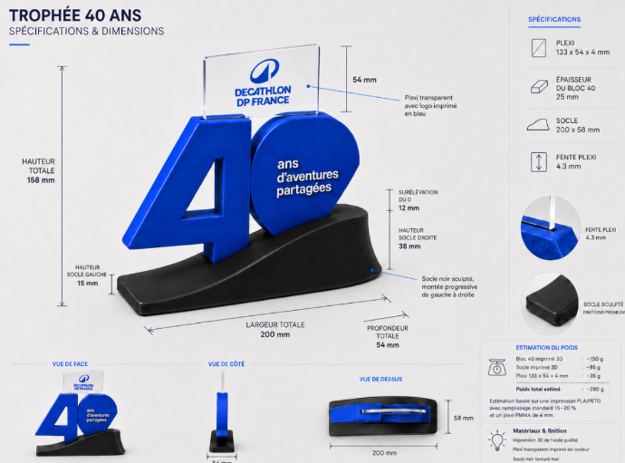 Plan technique du trophée 40 ans Decathlon imprimé en 3D par DAGOMA
